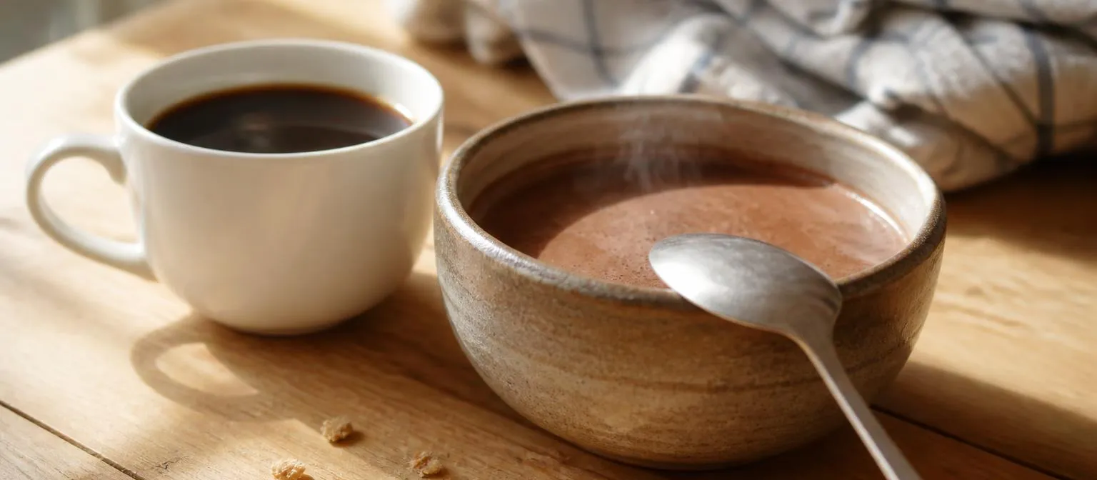Une tasse de café et un bol de chocolat chaud posés côte à côte sur une table de petit déjeuner