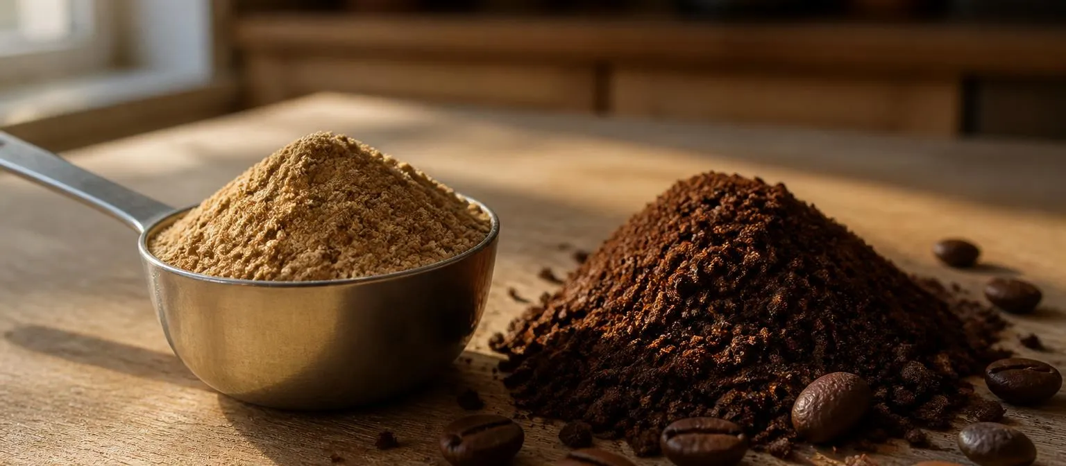Une cuillère de poudre brun clair posée à côté d'un tas de café moulu foncé, sur un plan de travail
