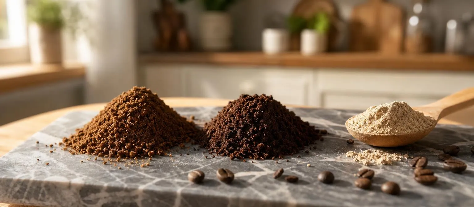 Deux tas de café moulu de teintes différentes posés côte à côte sur une plaque de marbre, avec une petite cuillère de poudre beige