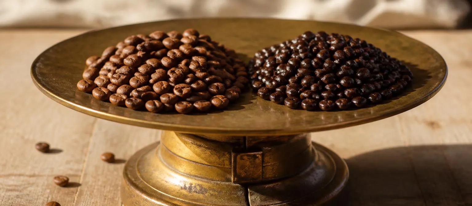 Deux tas de grains de café torréfiés côte à côte sur une balance de comptoir, l'un rond et clair, l'autre plus petit et foncé
