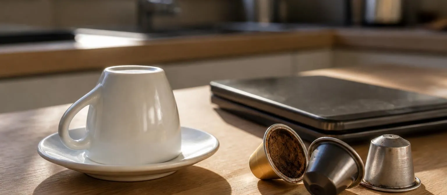 Une tasse à expresso vide posée à côté d'une petite balance de cuisine et de quelques capsules de café usagées