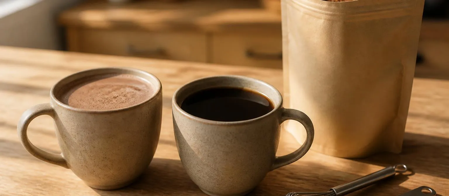 Deux tasses côte à côte, l'une de cacao mousseux, l'autre de café noir, sur un plan de travail en bois