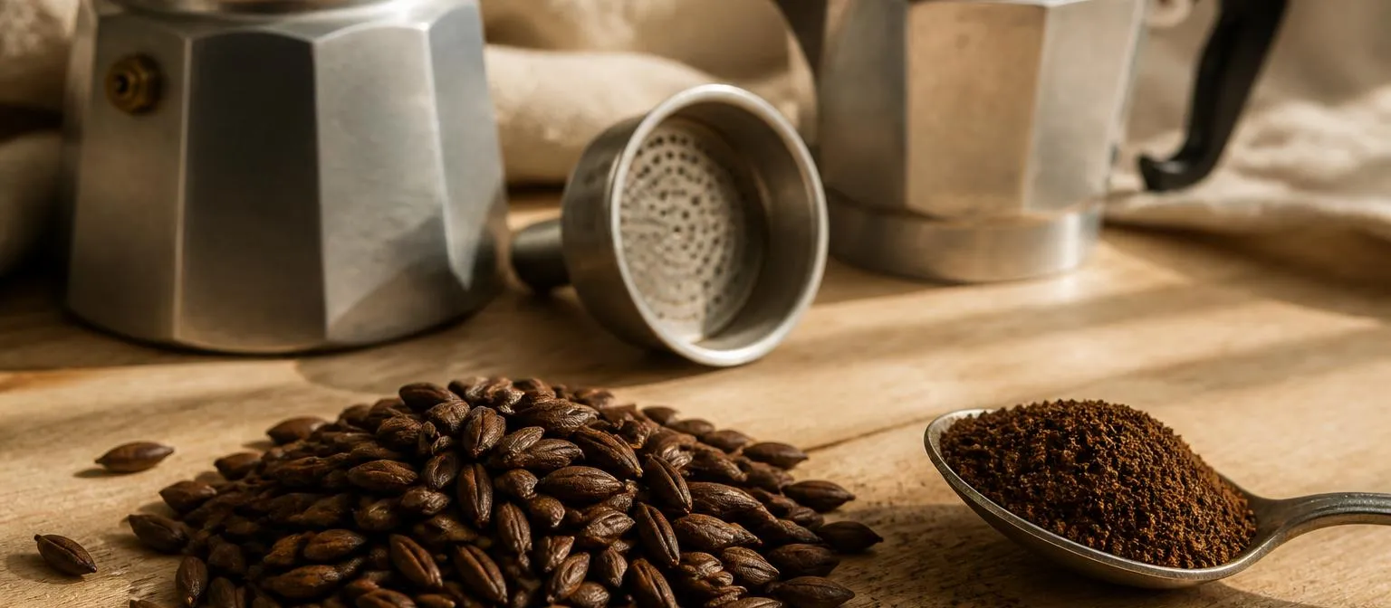 Grains d'orge torréfiés et poudre moulue à côté d'une cafetière italienne dévissée