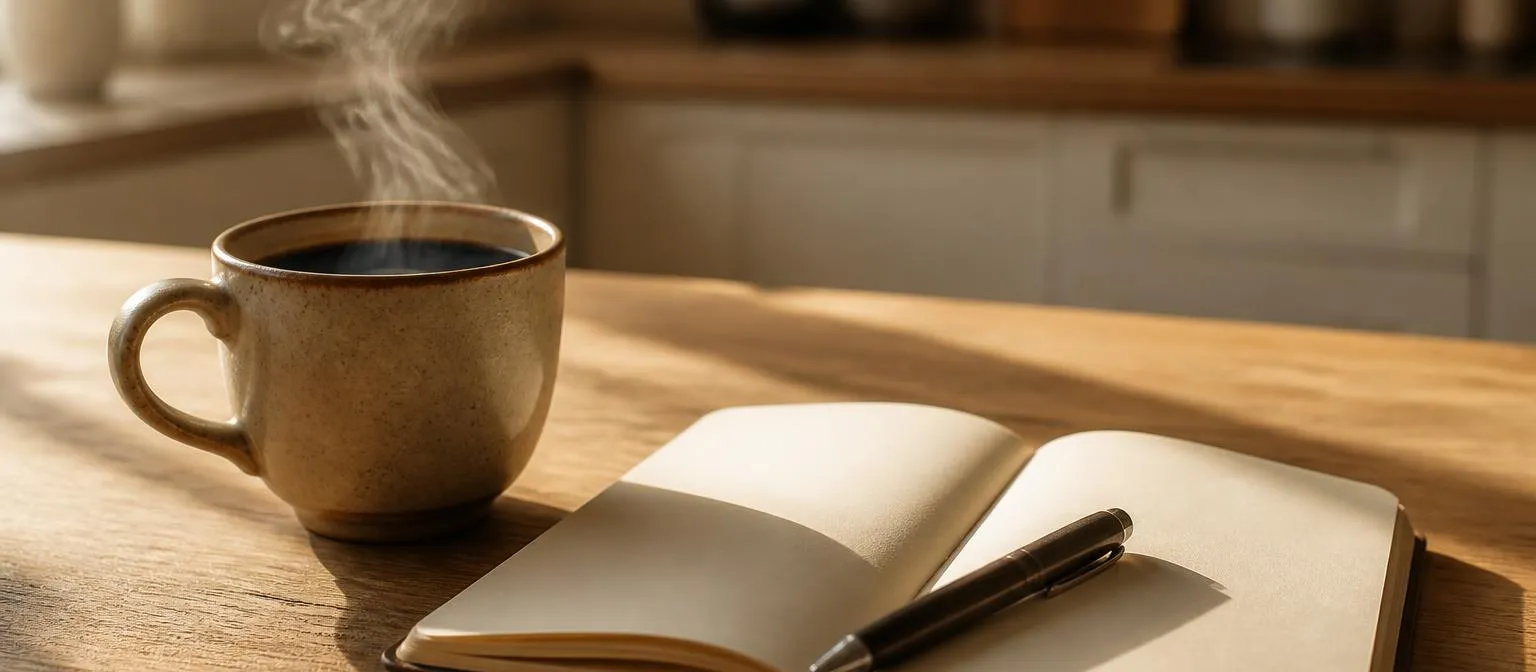 Une tasse de café noir posée à côté d'un carnet ouvert et d'un stylo, sur un plan de travail en bois